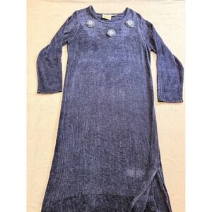 24 Karat Dark Blue Whimsical Witchy Boho Knit Maxi Dress Crochet Flowers